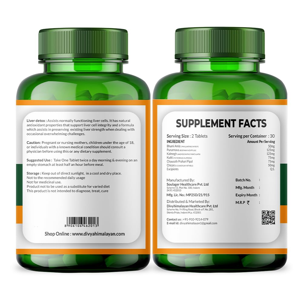 Divya Himalayan Plant-Based Liver Detox Supplement, 60 Tablets, Vegan, Non-GMO, Gluten-Free, Herbal Liver Support Formula