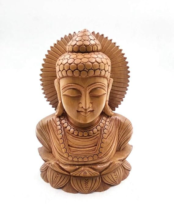Shri Handicrafts 6" Inch Wood Carving Handmade Meditating Buddha Bust Statue Good Luck Hindu God Figurine for Home Temple | Brown