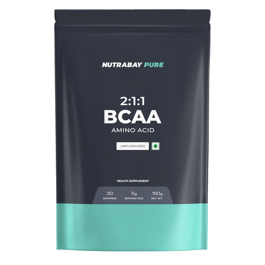 Nutrabay Pure BCAA 2:1:1-5000 mg Vegan BCAAs, Intra/Post Workout Amino Acid Supplement for Muscle Recovery & Endurance - 150g, Unflavoured