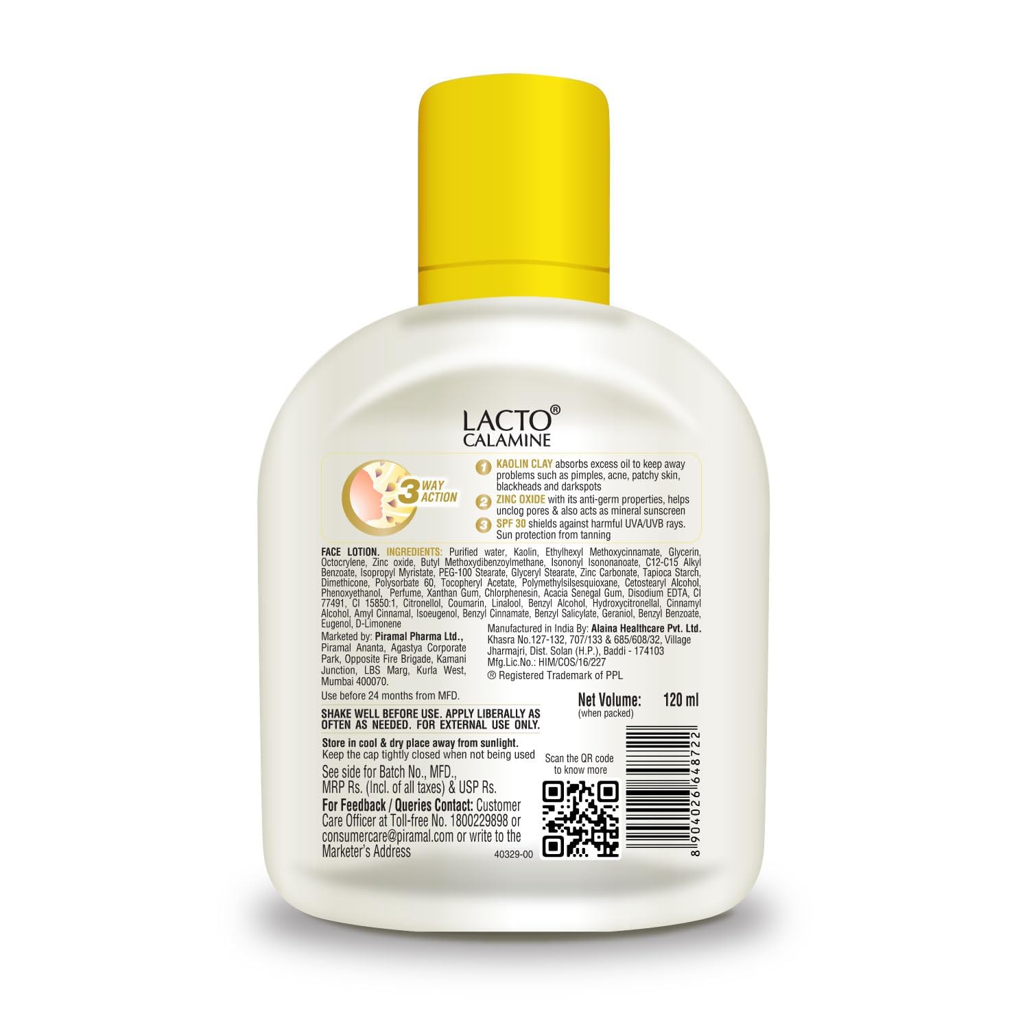 Lacto Calamine Sunscreen Lotion with SPF 30 | 120ml |UVA + UVB PA+++ | Kaolin Clay & Zinc Oxide | Daily Face Moisturizer For Oily Skin | Lightweight & Non-Greasy | Face & Body Lotion