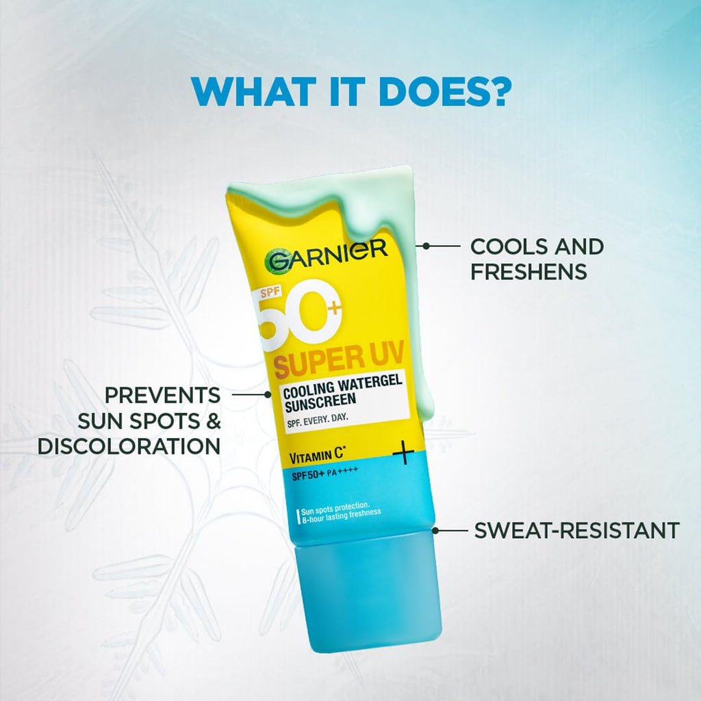 Garnier Super UV Cooling Watergel Sunscreen SPF 50 PA++++ | Instant Cooling & 8-hr freshness |Lightweight gel |No white cast |Suitable for oily dry sensitive & combination skin | For men & women,60ml