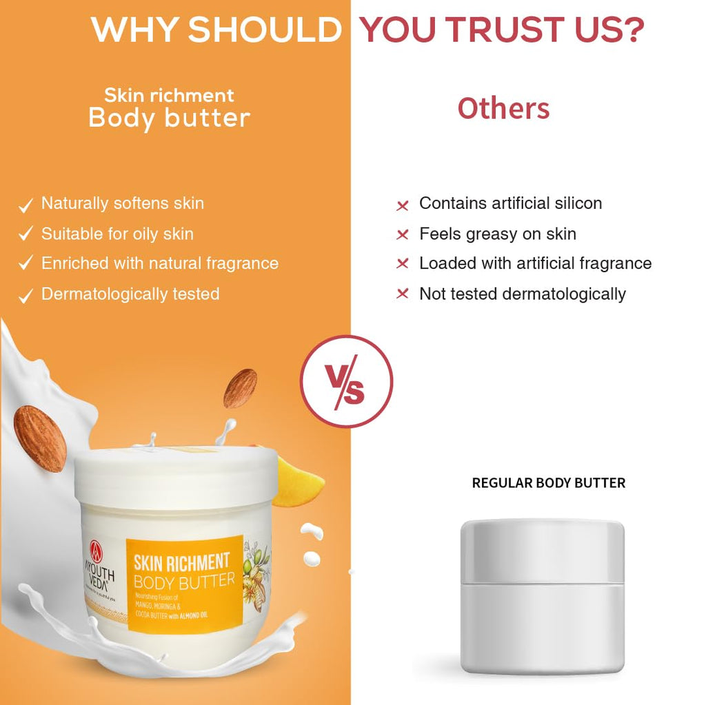 Ayouthveda Skin Richment Body Butter |Rich Blend of Cocoa Moringa & Mango Butter With Almond Oil |All Day Non Sticky Moisturizer for Daily Use For Both Men & Women(Pack of 1-200g)