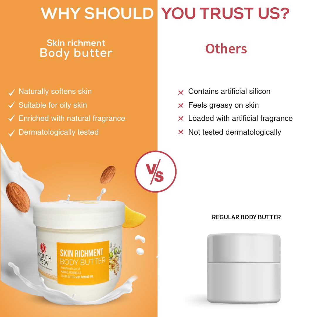 Ayouthveda Skin Richment Body Butter |Rich Blend of Cocoa Moringa & Mango Butter With Almond Oil |All Day Non Sticky Moisturizer for Daily Use For Both Men & Women(Pack of 1-200g)