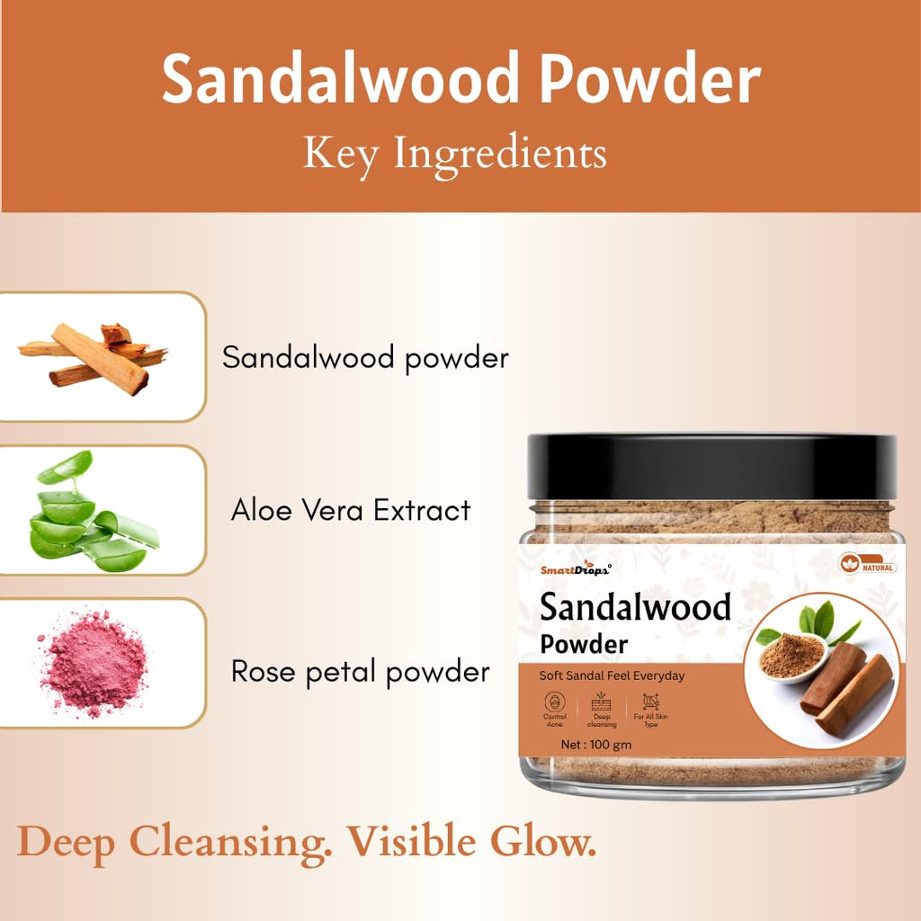 Smartdrops Sandalwood Powder for Face Pack | Sandal wood Powder | sandal Wooden powder | Chandan Powder For Tan Removal | Red sandalwood powder for Face | Sandalwood Powder for Puja - 100g (Pack 1)