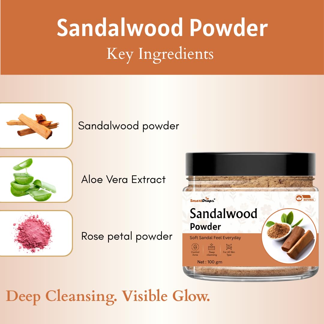 Smartdrops Sandalwood Powder for Face Pack | Sandal wood Powder | sandal Wooden powder | Chandan Powder For Tan Removal | Red sandalwood powder for Face | Sandalwood Powder for Puja - 100g (Pack 1)
