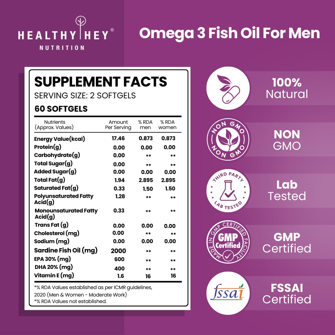HealthyHey Nutrition Omega 3 Fish Oil for Men - 2000 Mg/serving - 60 Softgel Capsules (600 EPA & 400 DHA)