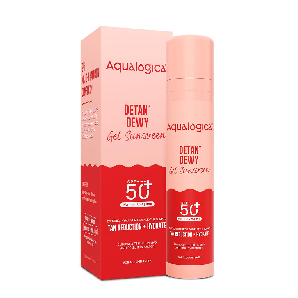 Aqualogica Detan+ Dewy Gel Sunscreen SPF 50+ PA++++ with 2% Kojic-Hyaluron Complex & Wild Berries, 50g | Broad Spectrum UVA/UVB & Blue Light Protection | No White Cast | Fragrance-Free | Lightweight | Hydrating | For Men & Women