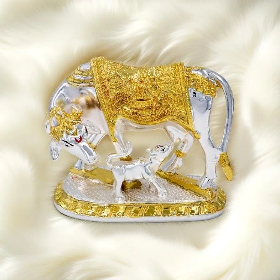 Jaipur Ace Kamdhenu Cow With Calf Statue Standard Size Golden 2 ton Cow And Calf