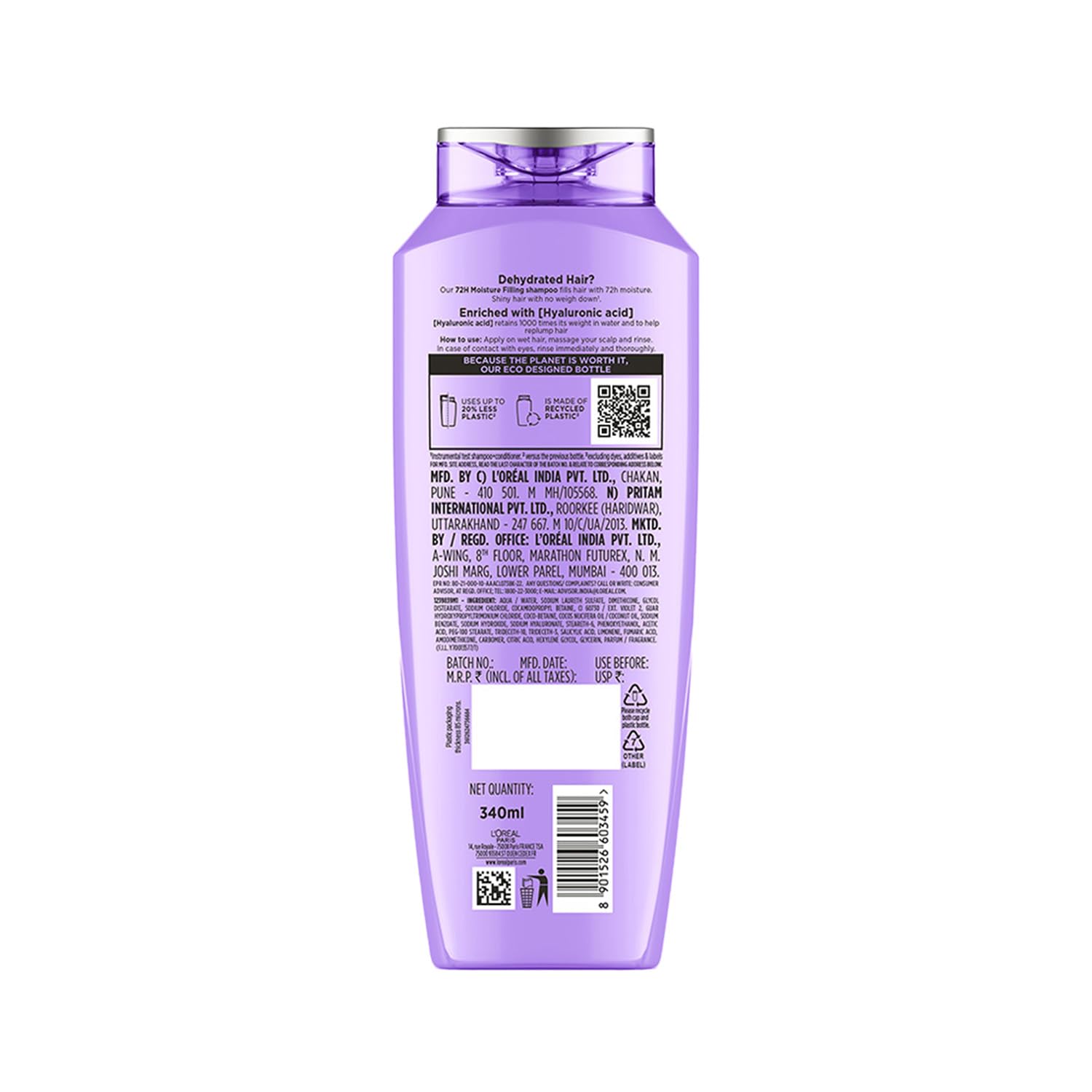 L OrÃ©al Paris Moisture Filling Shampoo, With Hyaluronic Acid, For Dry & Dehydrated Hair, Adds Shine & Bounce, Hyaluron Moisture 72H, 340Ml.