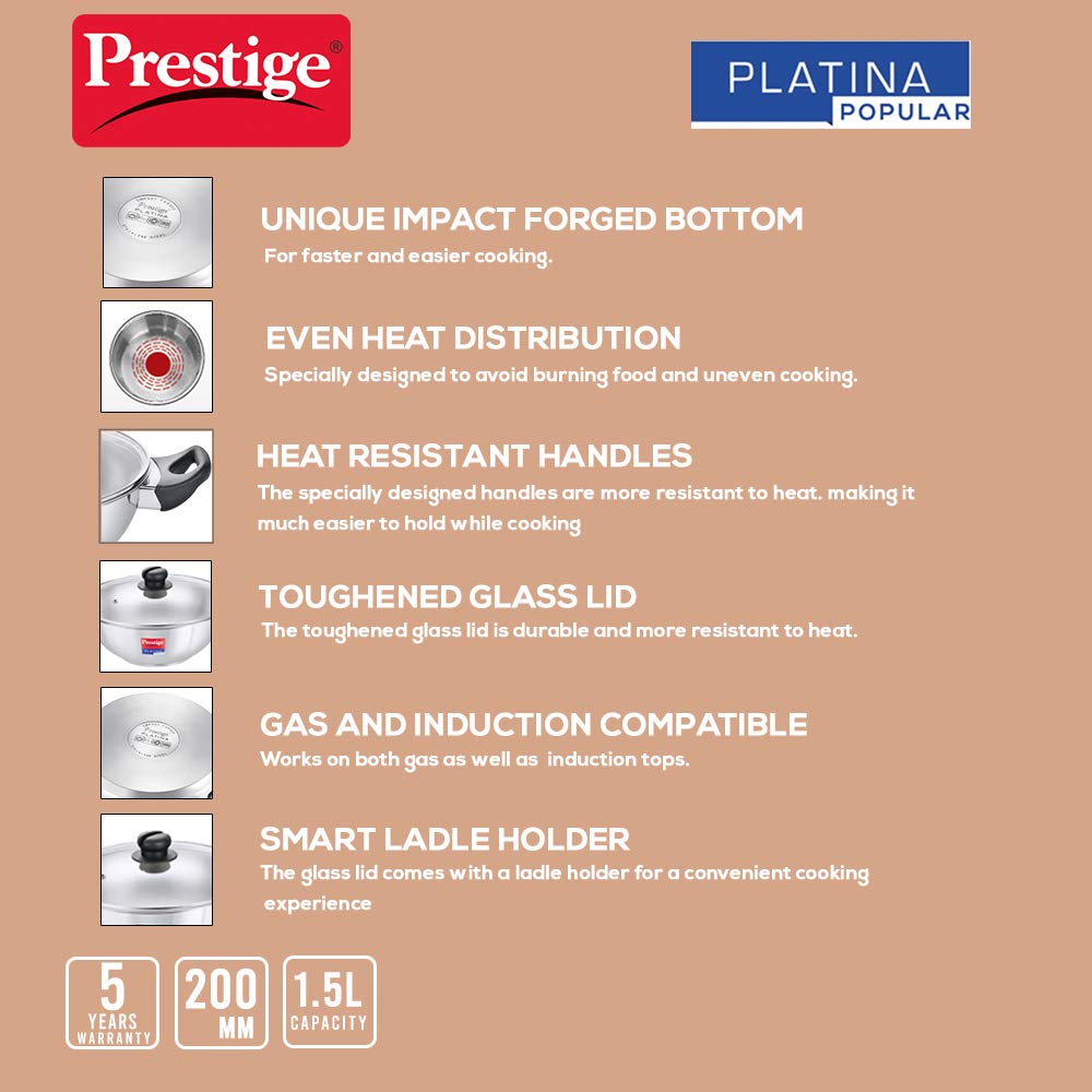 Prestige SS Platina Popular Kadai, 200 mm (Stainless Steel, Silver)