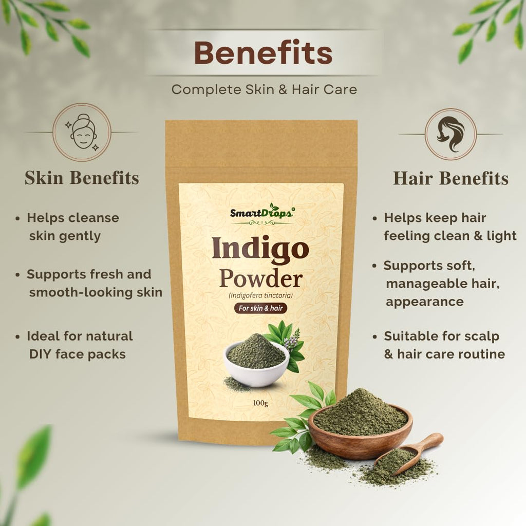 Smartdrops Indigo Powder for Hair and Skin Care | Enhances Natural Hair Color | Strengthens Hair Roots | Revitalizes Skin Tone and Brightness | Prevents Skin Dryness and Dullness | 100g (Pack-1)