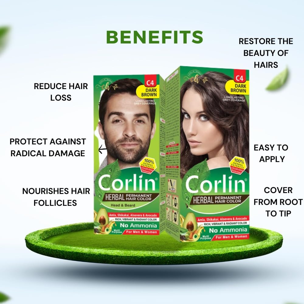 Corlin Herbal Permanent Hair Color Cream Dark Brown C4 - 100 gms (Pack of 2)