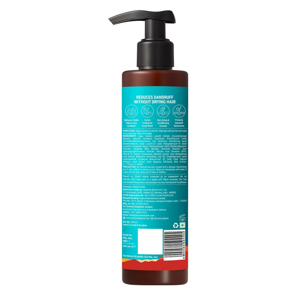 Pilgrim Australian Tea Tree & Salicylic Acid Anti-Dandruff Shampoo with Cool Menthol | Up to 100% Dandruff Reduction*| Soothes Itchy Scalp | Non-Drying Formula | All Hair Types | For Men & Women (200ml)