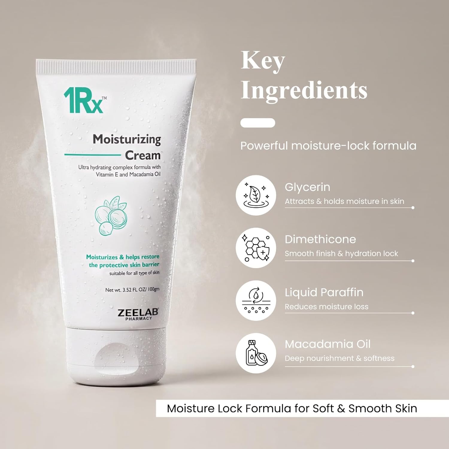 Zeelab 1RX Moisturizing Cream 100gm | Face & Body Moisturizer with Glycerin, Vitamin E & Macadamia Oil | Non-Greasy Daily Hydration Cream for Dry Skin