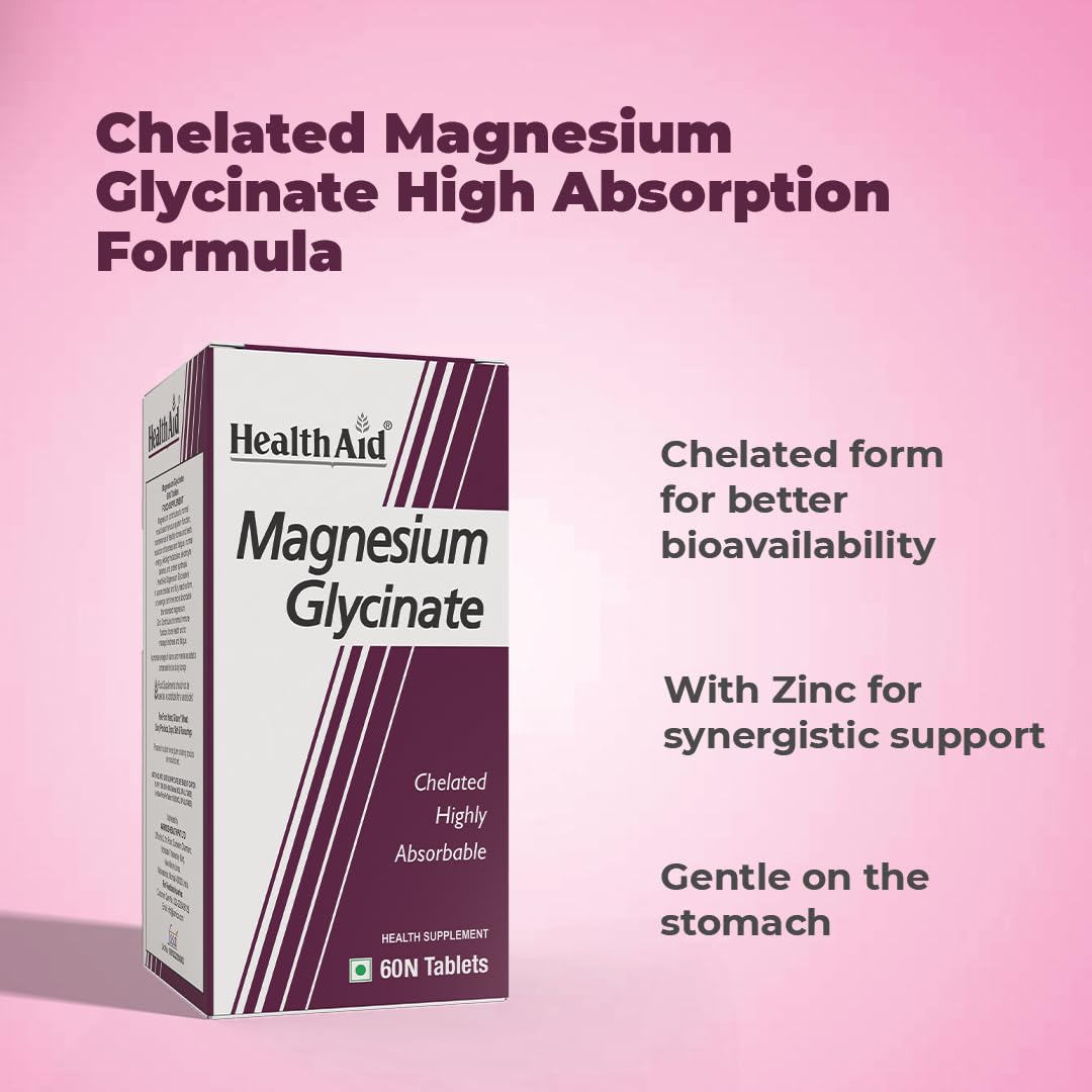 HealthAid Chelated Magnesium Glycinate with Zinc (1682 mg) – Magnesium Supplement for Muscle Recovery, Sleep Support, Cramps Relief & Nerve Health | Promotes Brain Health – 60 Veg Tablets