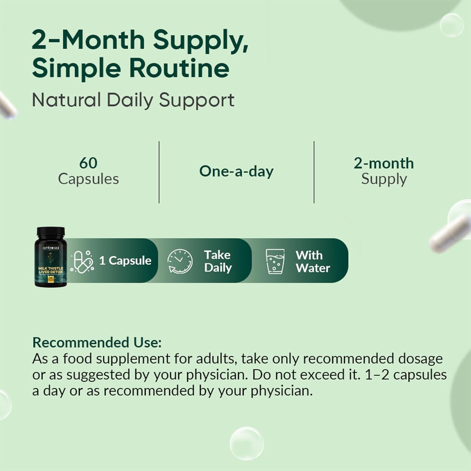 Ambrosial Milk Thistle Liver Detox Supplement| Milk Thistle Capsules for Liver with Dandelion Root | High Strength Herbal Antioxidant Complex for Liver Support (Pack of 1-60 Capsules)
