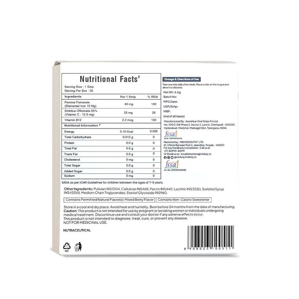 Miduty by Palak Notes Kids Iron Strips for Kids - Dissolvable Strips for better Iron absorption - Energy Boost - Iron Supplement with Vitamin C & Vitamin B12 - Mixed Berry Flavour - 30 Oral Strips