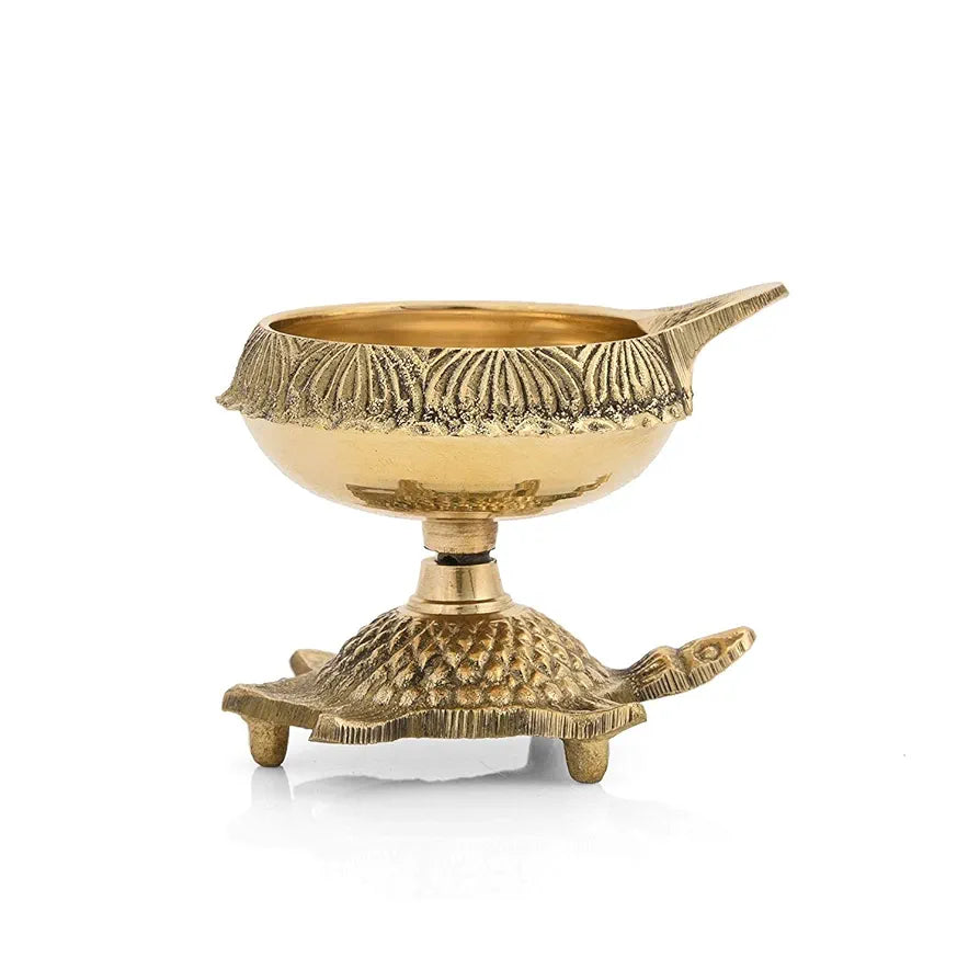 Collectible India Brass Diya Oil Puja Lamp Engraved Design Dia with Turtle Base