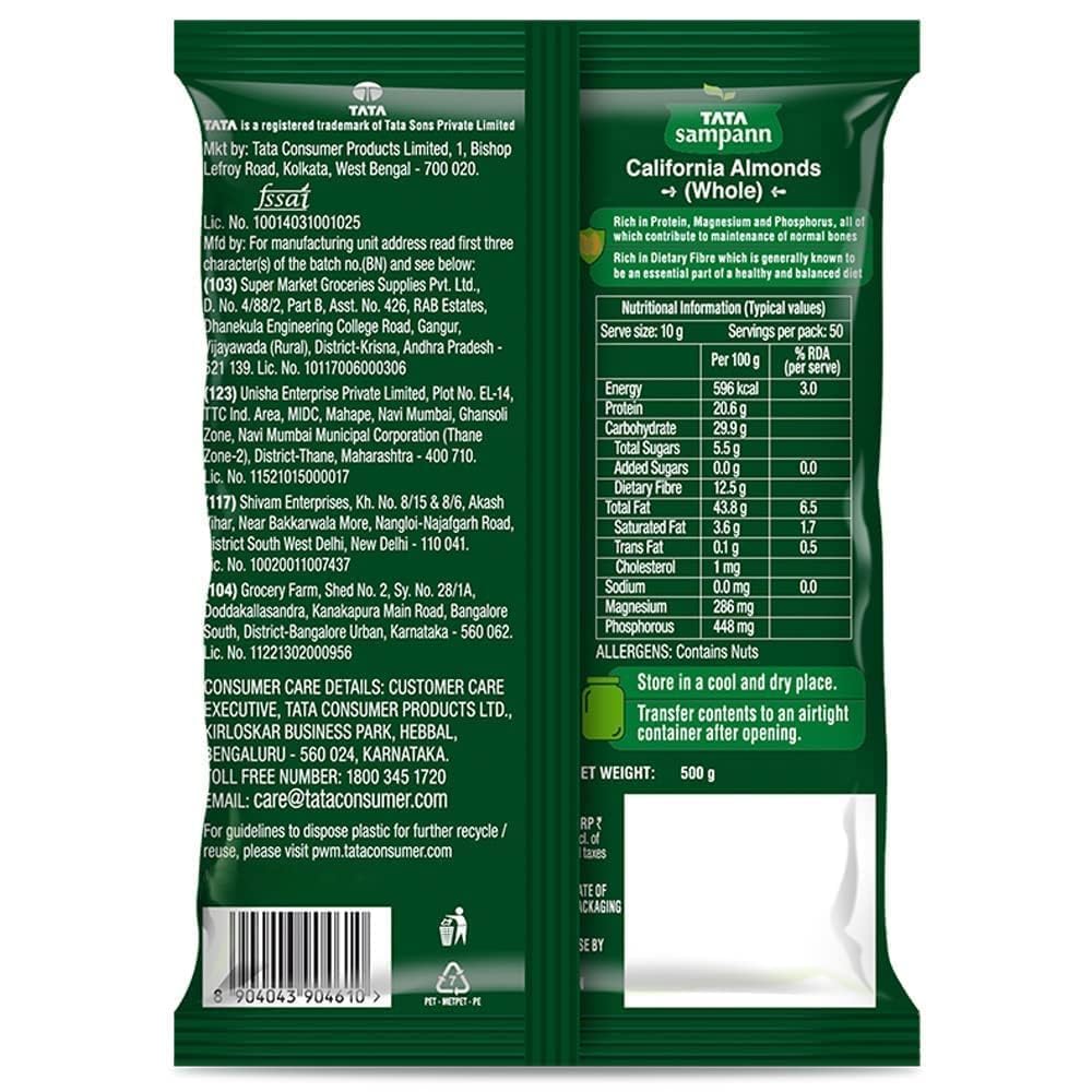 Tata Sampann Pure California Almonds/Badam Whole, 500g, Real Nuts, High in Fiber, Badam Giri, Rich in Protein, Magnesium, Phosphorus and Dietary Fibre, Nuts & Dry Fruits