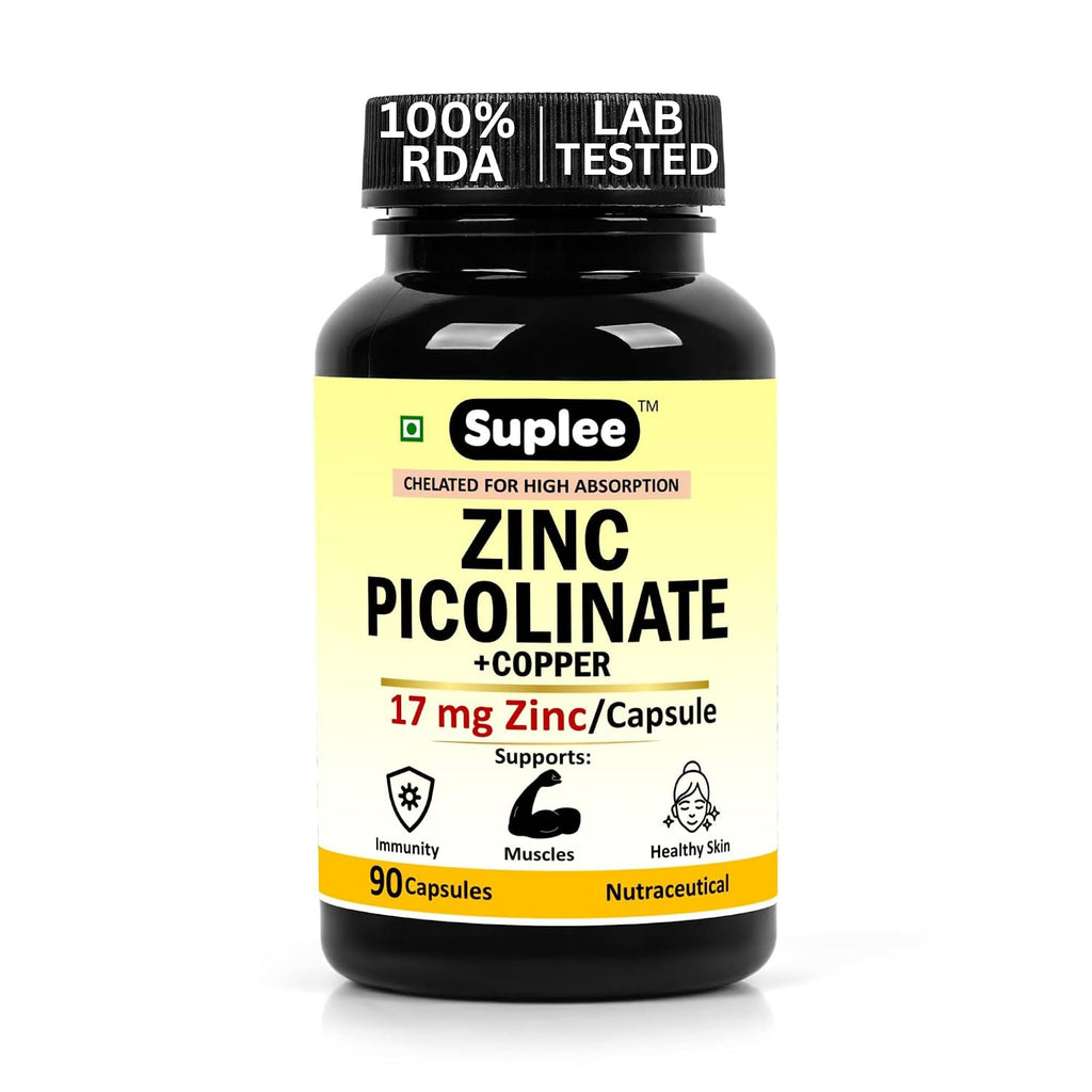 Suplee Zinc Picolinate with Copper Gluconate | High Absorption Zinc Supplement | Immunity, Skin Health & Muscle Support | 90 Veg Capsules