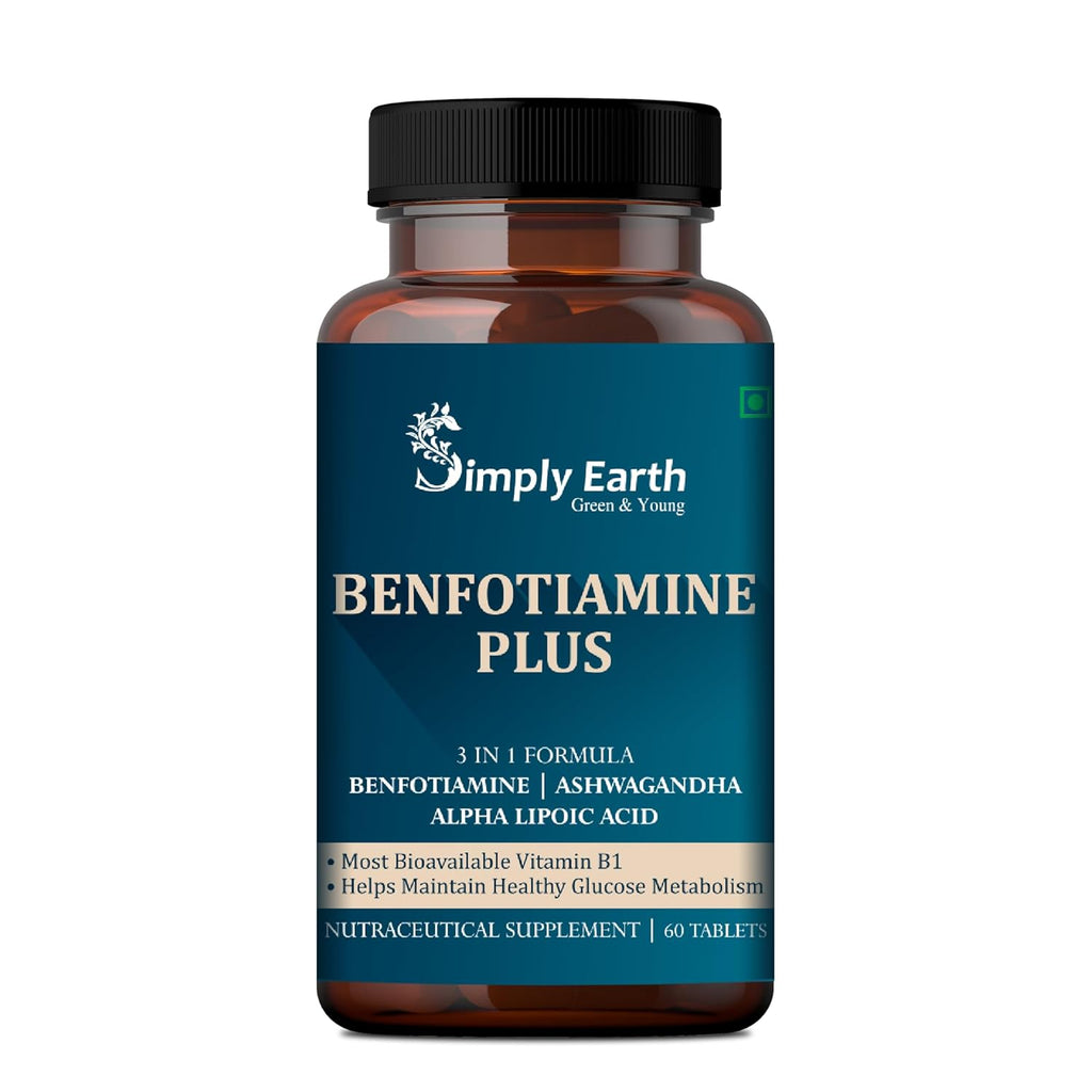 Simply Earth Benfotiamine+ 600mg with Ashwagandha & Alpha Lipoic Acid - Helps Maintain Blood Sugar Levels Supplement - Promotes Nerve Health & Metabolic Function - High Potency B1 Vitamin Supplement - 60 Tablets