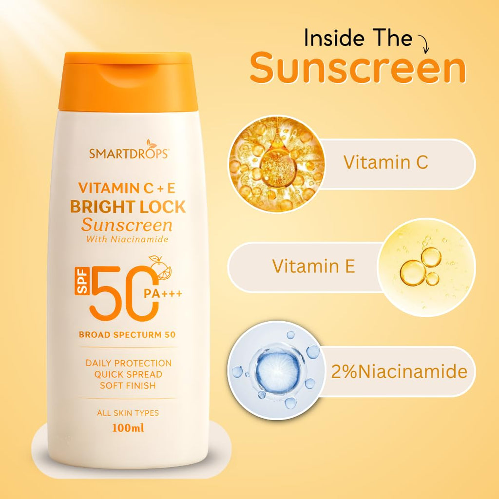 Smartdrops Vitamin C + E Sunscreen SPF 50 PA+++ With Niacinamide Daily Use Face & Body Sun Protection Lotion Soft Finish Quick Spread Formula For All Skin Types 100ml (Pack-1)