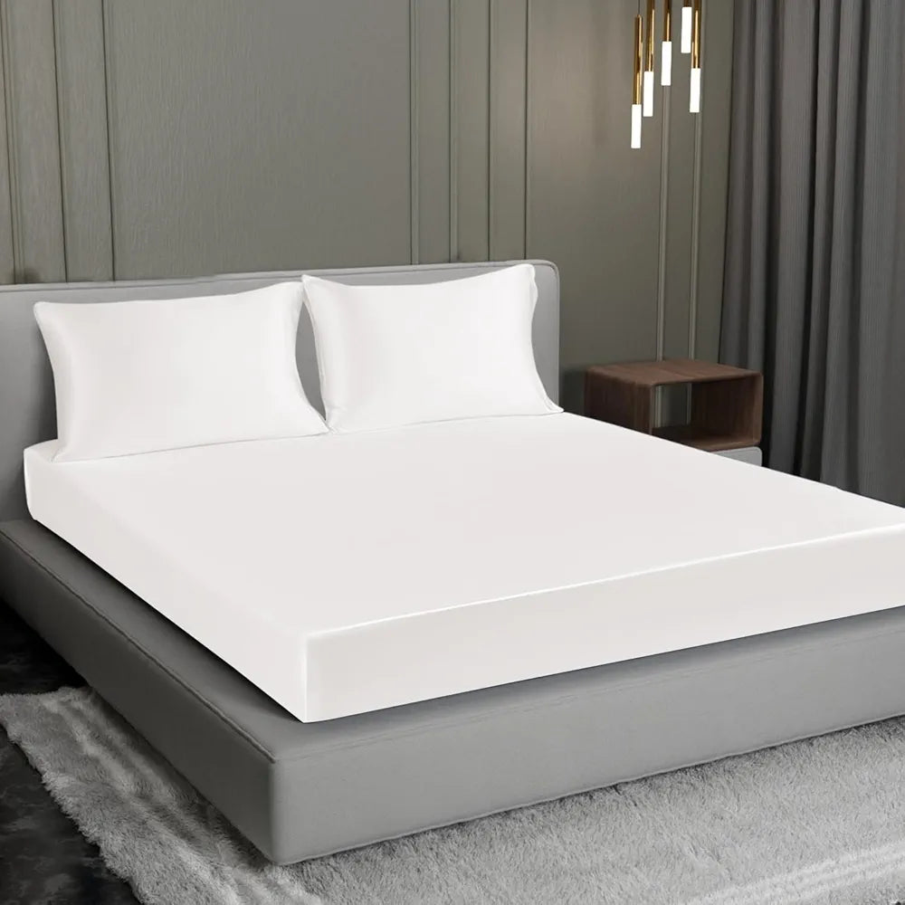 Cloth Fusion Satin Elastic Fitted Bedsheet for Double Bed King Size with 2 Pillow Covers White H603 280 TC