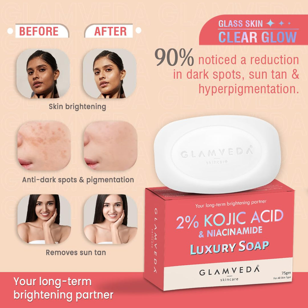 Glamveda 2% Kojic Acid Skin Lightening Soap with Niacinamide | For Dark Spots, Pigmentation & Sun Tanning | For Glass Skin | Clear Glow | All Skin Types | 75gm Pack of 1