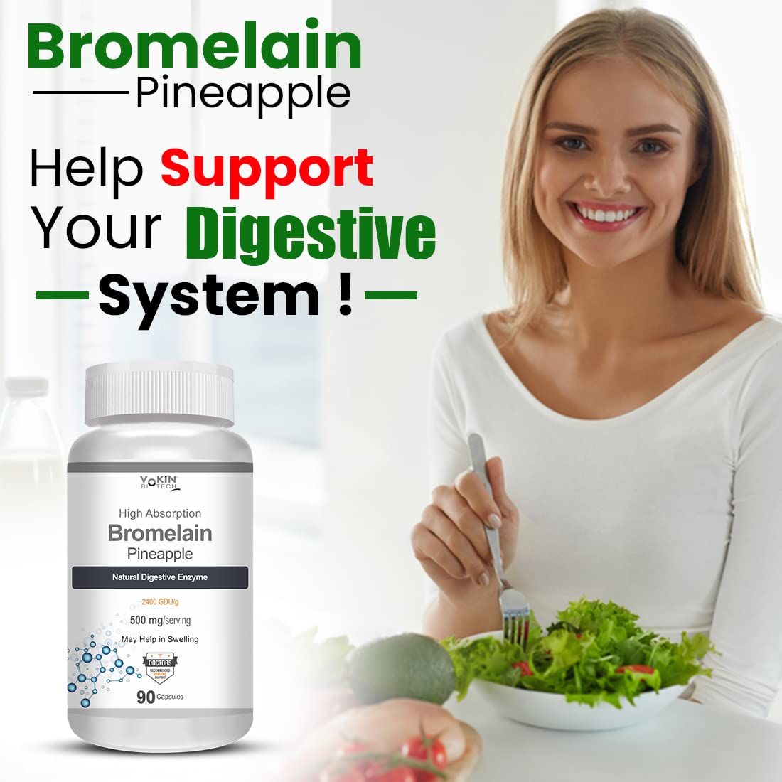 Vokin Biotech Bromelain Pineapple Digestive Enzyme- 2400 GDU/g - 500 mg | 90 Capsules (Pack of 1)