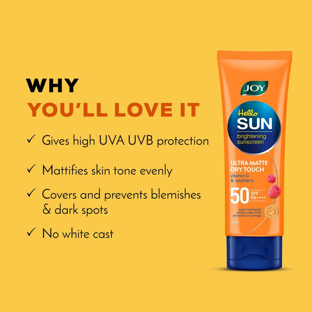 Joy Hello Sun Ultra Matte Sunscreen SPF 50 PA ++++ (100ml) | Protects & Controls Oil | Ultra Light, Water Resistant & No White Cast | SPF50 For Oily, Dry, Acne-prone Skin