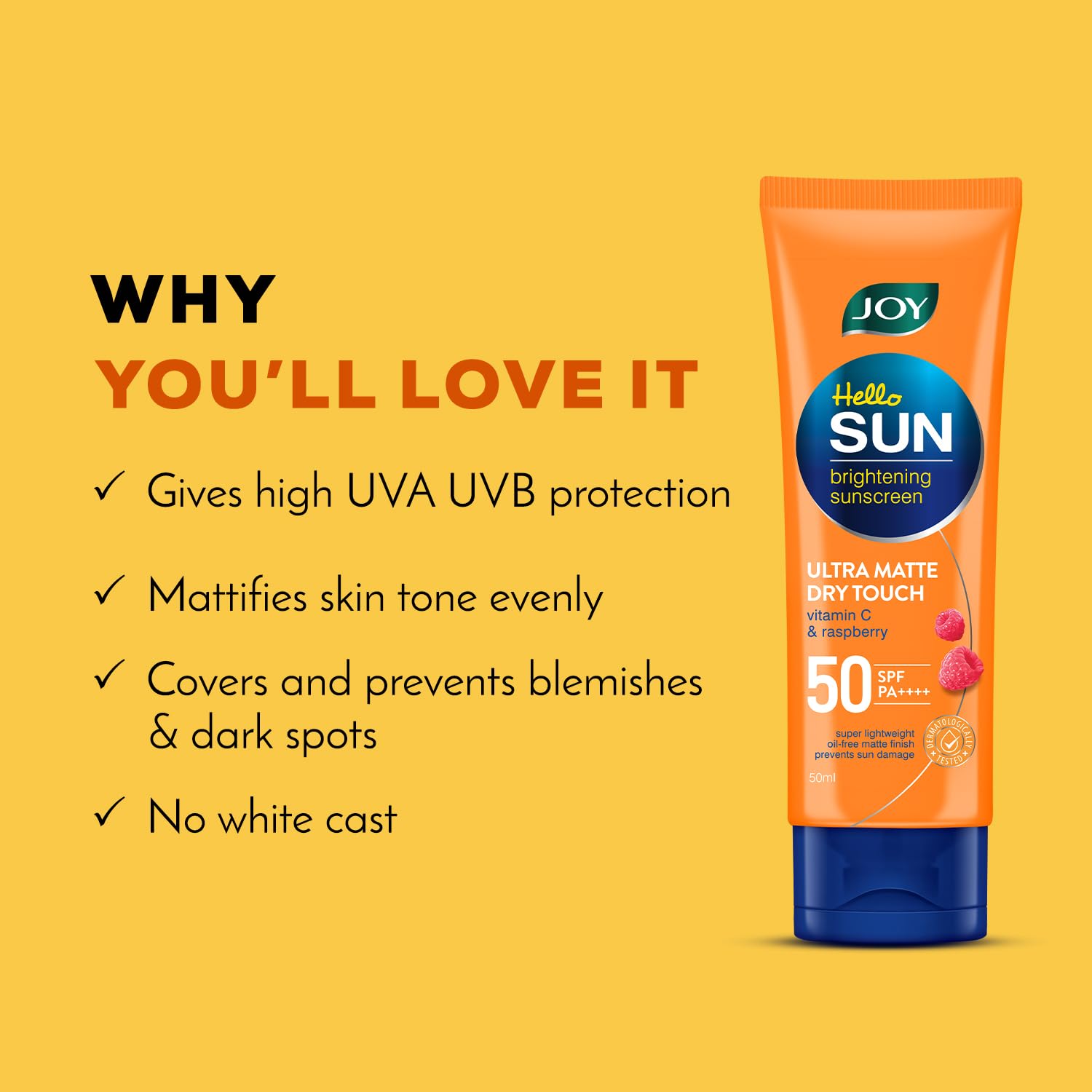 Joy Hello Sun Ultra Matte Sunscreen SPF 50 PA ++++ (100ml) | Protects & Controls Oil | Ultra Light, Water Resistant & No White Cast | SPF50 For Oily, Dry, Acne-prone Skin