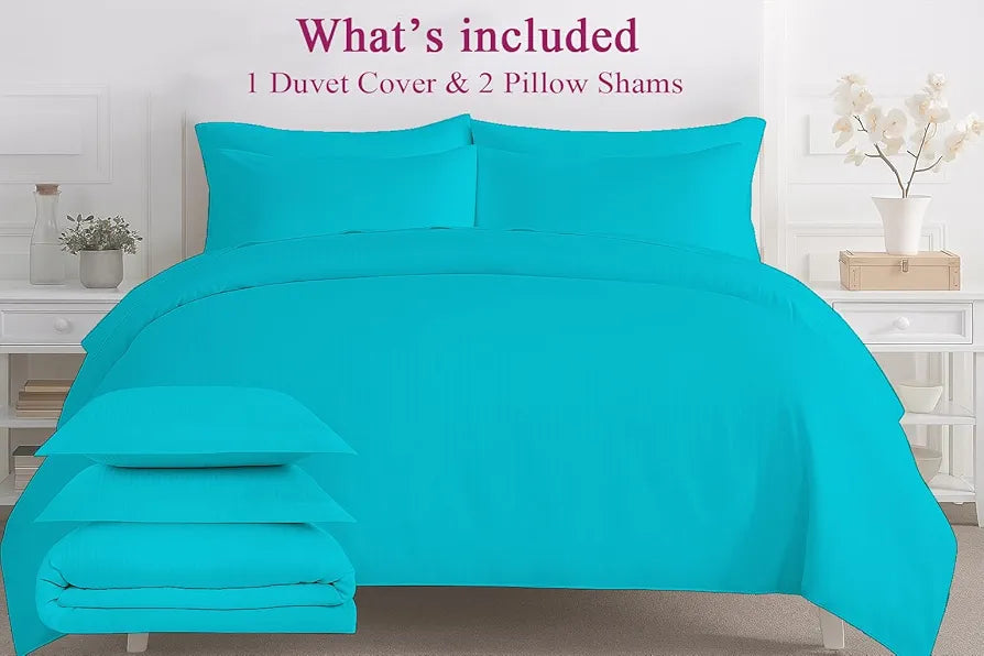 Trance Home Linen Zippered 100% Cotton 200TC Satin Stripe King Size Duvet Cover Quilt Cover Blanket Cover Razai Comforter Cover with 2 Pillow Covers Colour Aqua Turquoise Blue