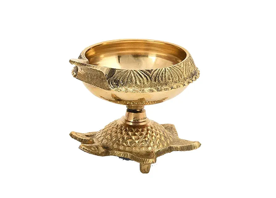 Collectible India Brass Diya Oil Puja Lamp Engraved Design Dia with Turtle Base