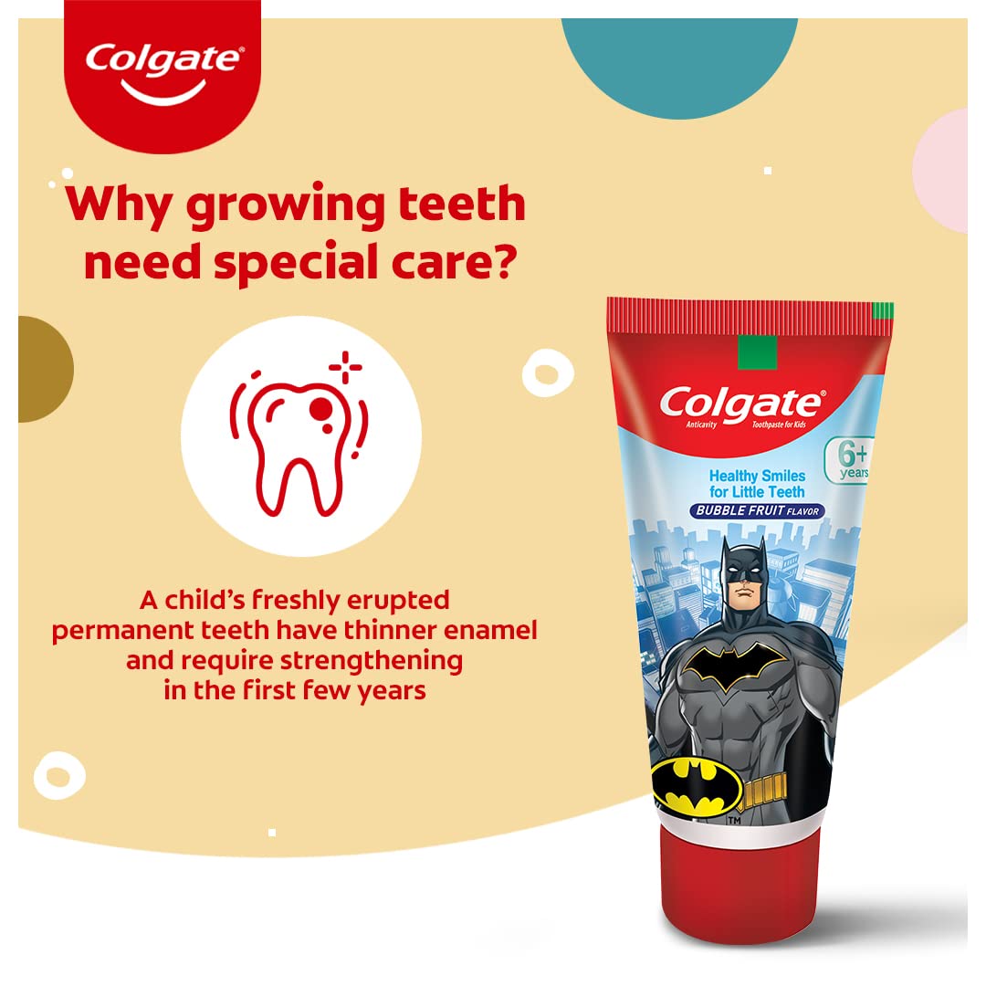 Colgate Kids Batman Manual Toothbrush(Pack of 3,Multicolor) & Colgate Batman Anticavity Toothpaste For Kids - 80g (Bubble Fruit Flavour)