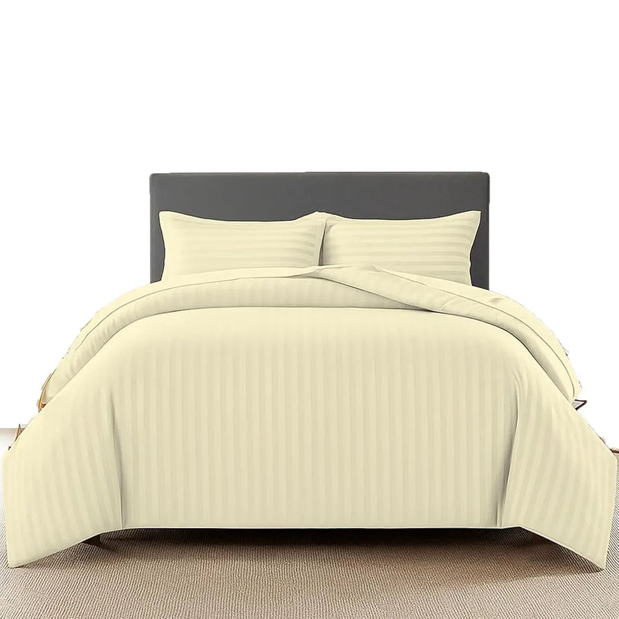 Trance Home Linen Zippered 100% Cotton 200TC Satin Stripe King Size Duvet Cover Quilt Cover Blanket Cover Razia Comforter Cover with 2 Pillow Covers Colour Light Ivory Cream
