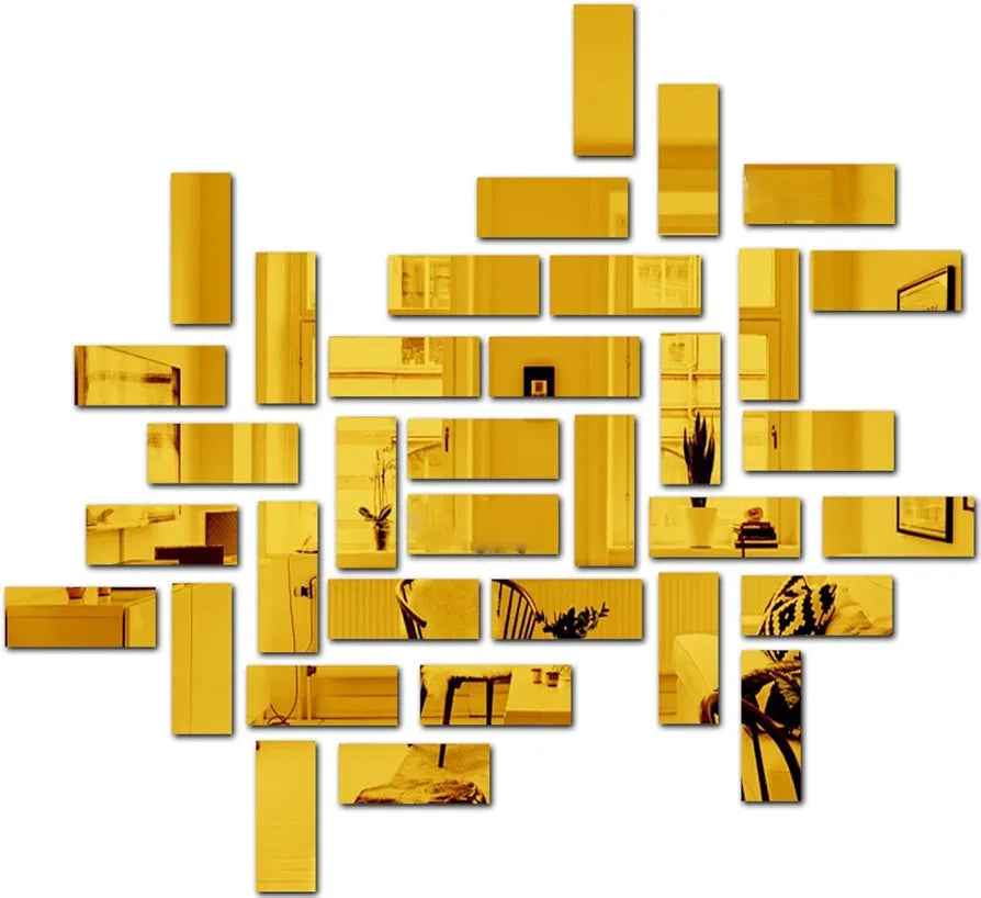 Bikri Kendra Ind 20 Rectangle Golden Mirror Stickers for Wall Decor Acrylic Self-Adhesive Stickers