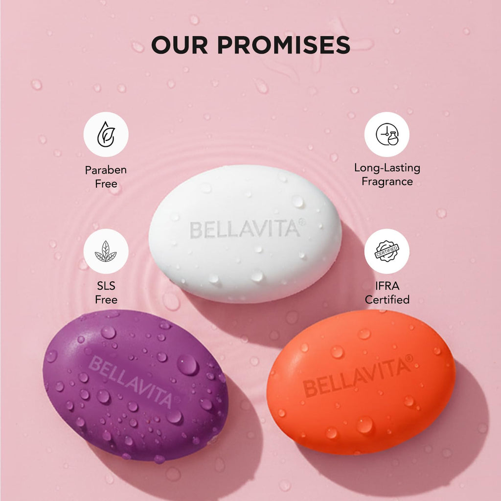 BELLAVITA Perfume Bathing Soap Bar for Women 3 x 100Gm with Pure Glycerin for Glowing Skin | Date, Glam and White Oud | Paraben and SLS Free