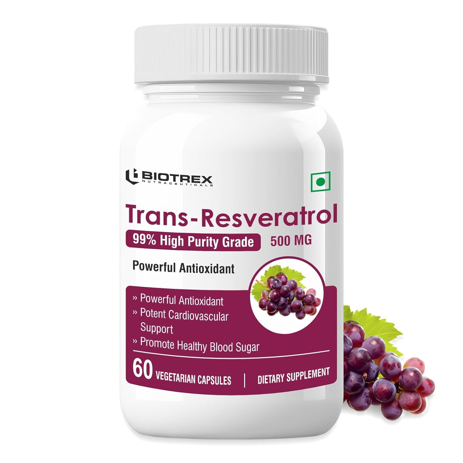 Biotrex Nutraceuticals Trans Resveratrol 500mg | 99% High Purity Grade | Grape Skin Extract | Supports Blood Sugar Levels & Healthy Heart | 60 Veg Capsules