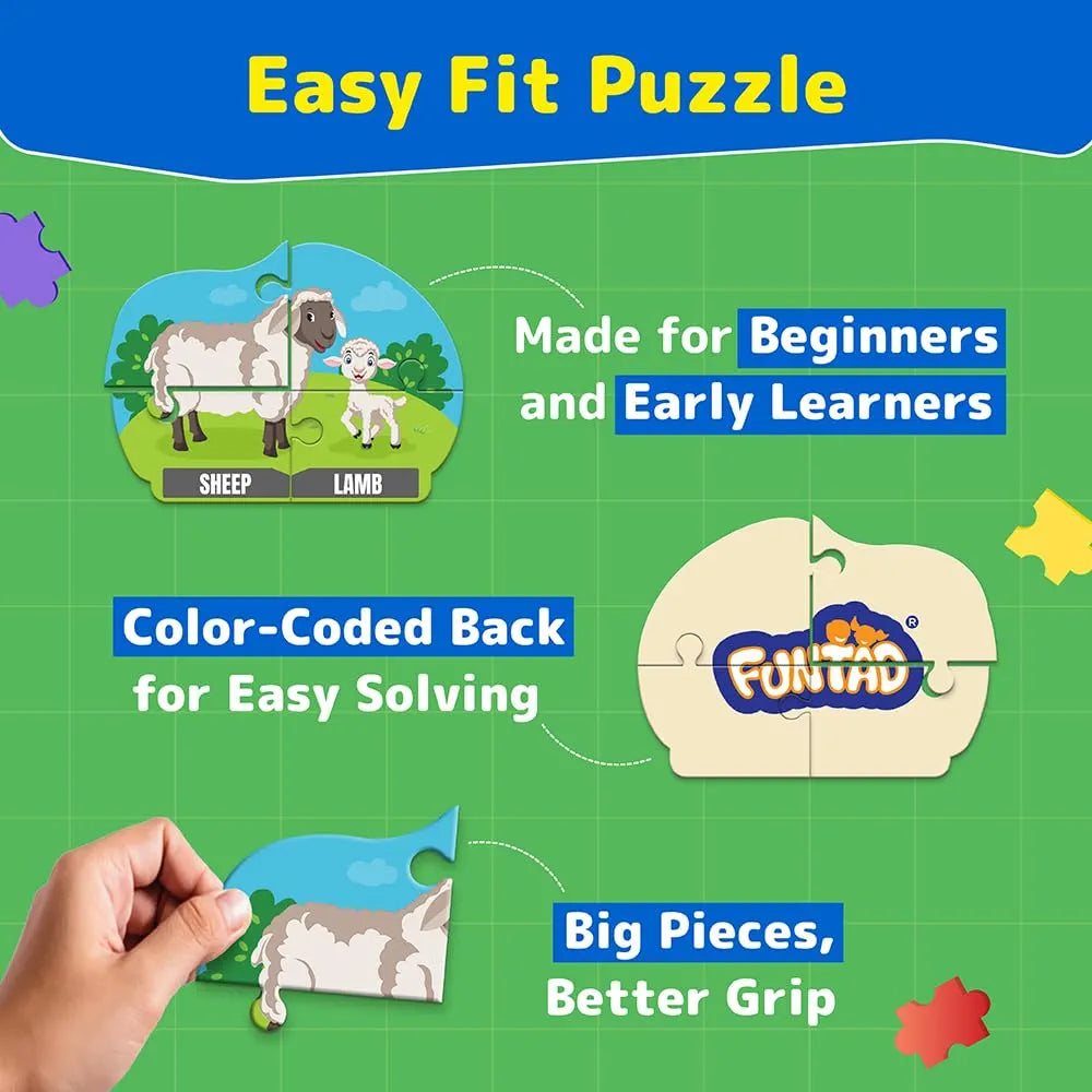 Funtad Puzzle Up Learn Animal Babies 10-in-1 Entry Level Puzzle 45 Big Size Jigsaw Pieces Montessori Educational Toy for Boys & Girls Age 3, 4 & 5 yrs