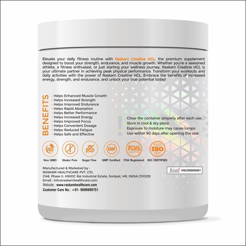 Pure Creatine HCL Supplement 100g (33 Servings)| Unflavored Powder | Improves Muscle Strength & Power | Rapid Absorption