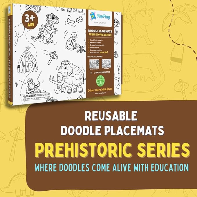 PepPlay Prehistoric Series Mat Doodle Sheets with 6 Smudge Free Washable & Quick Dry Marker Pens