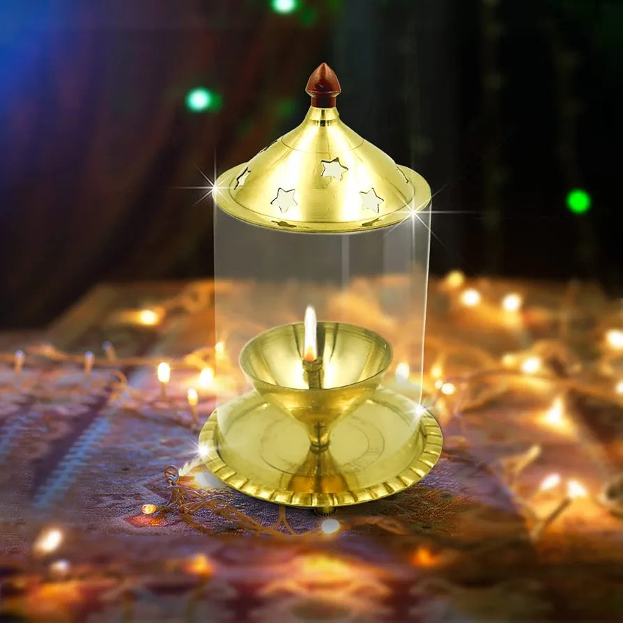 Shubhkart Nitya Udipi Diya Borosilicate Glass Brass Table Diya Oil Lamp