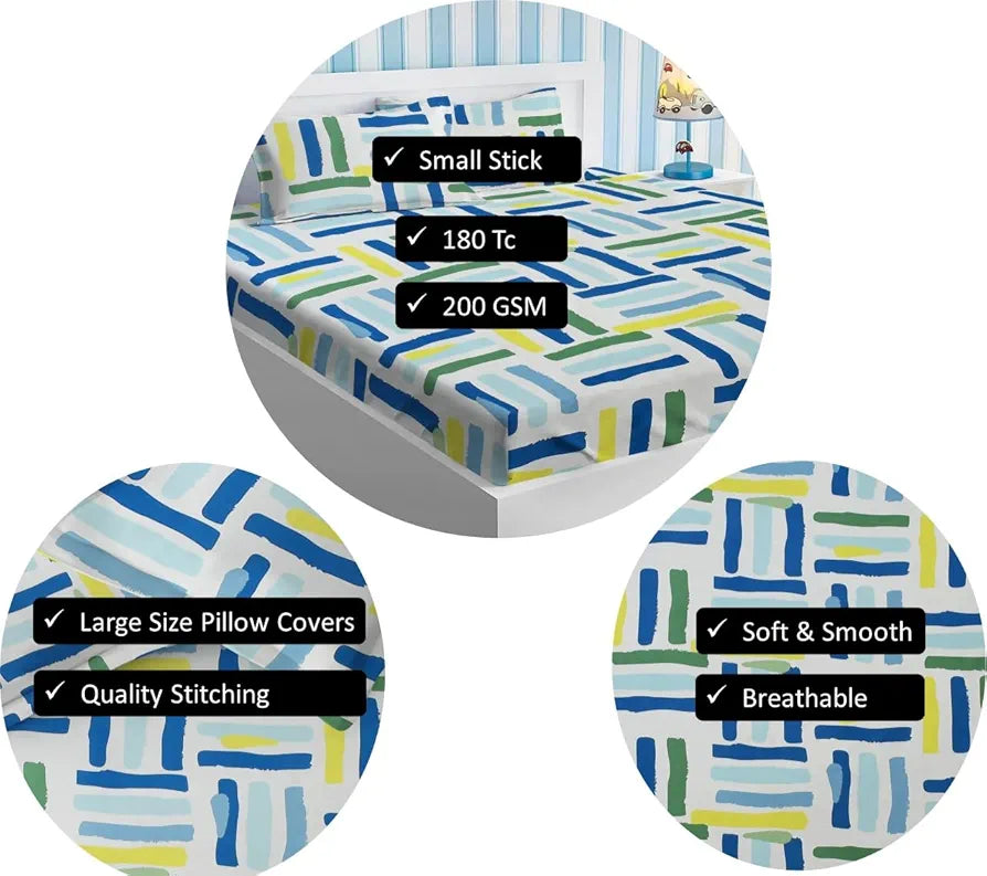 Homekart Premium Cotton Elastic Fitted Bedsheets with 2 King Size Pillow Covers Double Bed Stick Print White Green 200 tc - 220 tc