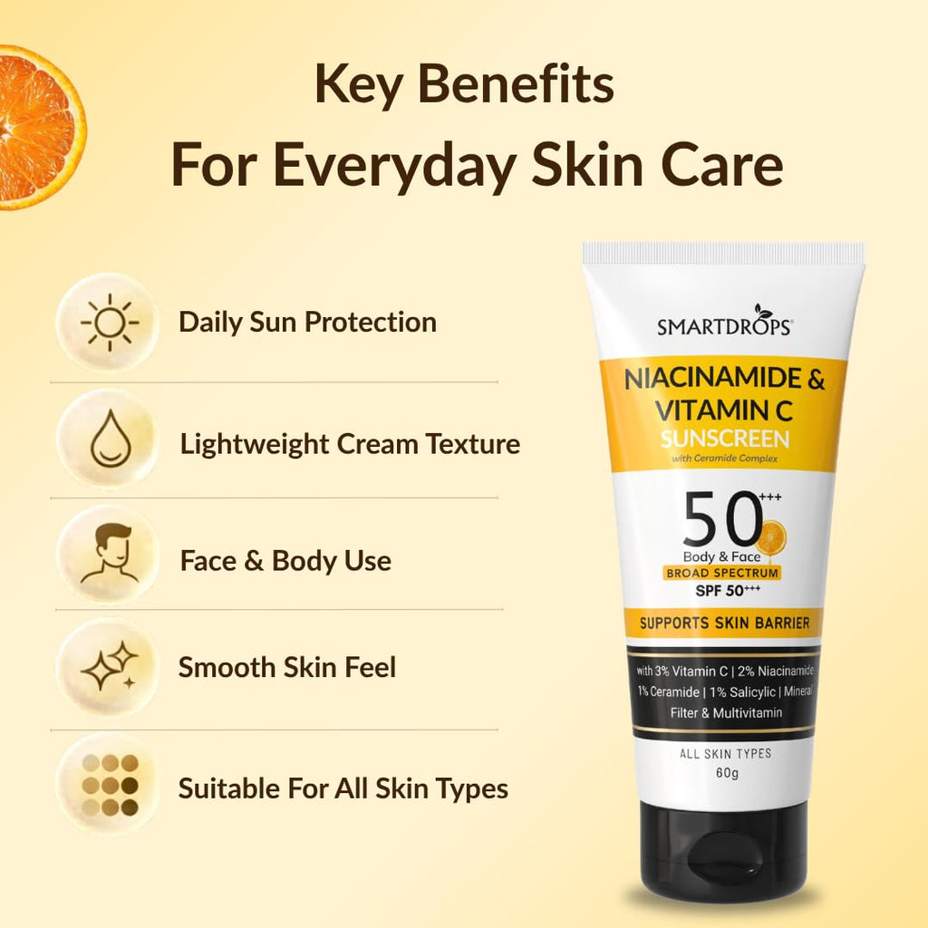 Smartdrops Sunscreen SPF 50+++ PA+++ Broad Spectrum with Niacinamide & Vitamin C, Lightweight Lotion for Daily Use, Face and Body Application, Suitable for Men and Women - 60ml (Pack of 1)