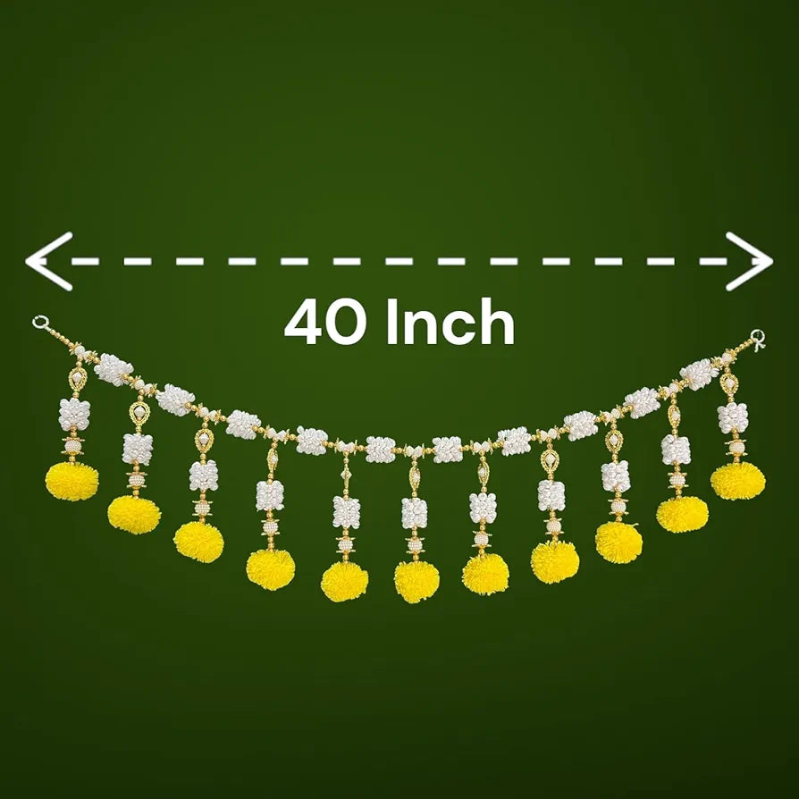 Handcrafted Decorative Bandanwar with Yellow Marigold Flowers Jasmine & Beads 40x9 Inches