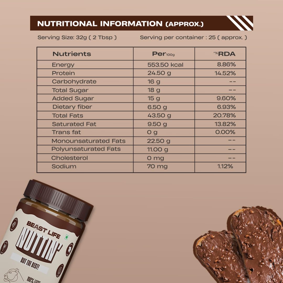 BeastLife Crunchy Chocolate Peanut Butter | 24.5 G Protein | 800 gm | 100% Peanuts, High Protein | Zero Palm Oil | Non‑GMO Nut Butter | Fitness-Friendly Spread | Zero Cholesterol