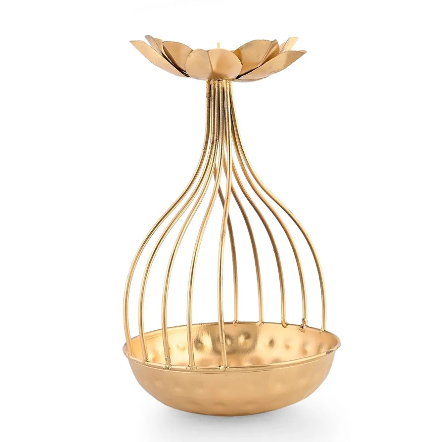 Metal Lotus Tealight Candle Holder with Base of Urli Bowl Gold