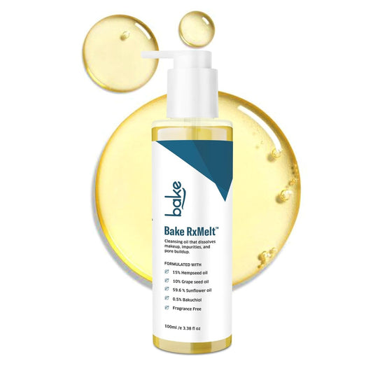 BAKE RxMeltâ„¢ Cleansing Oil for Removing Waterproof Makeup & SPF | With 15% Hempseed, 10% Grape Seed Oil, 0.5% Bakuchiol | Removes Impurities & Pore Buildup | Fragrance-Free | For Men & Women â€“ 100ml