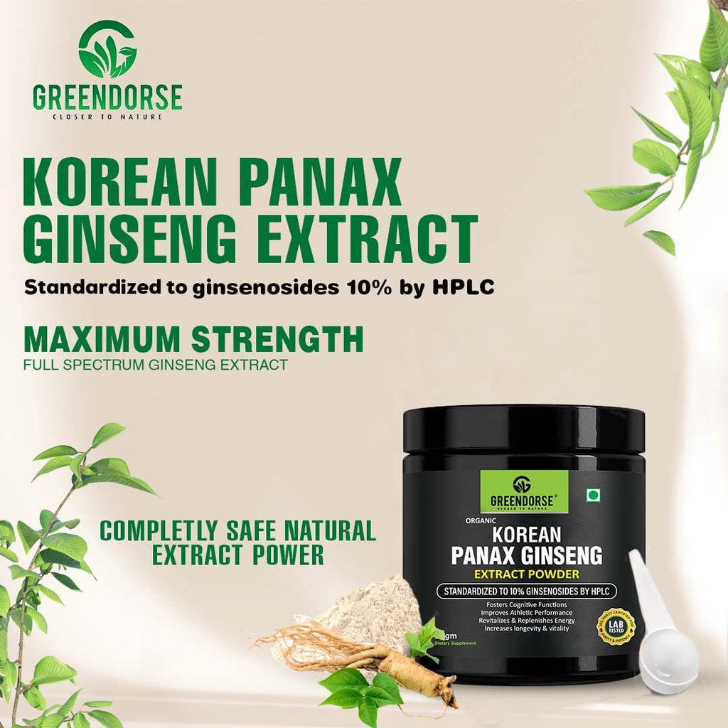 GREENDORSE Organic Korean Panax Ginseng Extract Powder |10% active Ginsenosides by HPLC | Lab tested| Immune & Cognitive support, Boosts Energy, Stamina, Vegan Friendly-30g