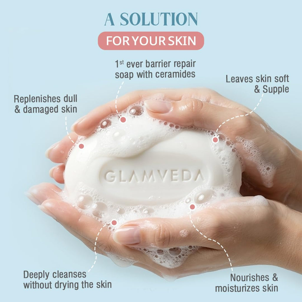 Glamveda Rice & Ceramide Skin Brightening Soap with Hyaluronic Acid | Deeply Nourishes & Moisturised | Soft & Smooth Skin | Soap for Men & Women | 75 g (Pack of 1)